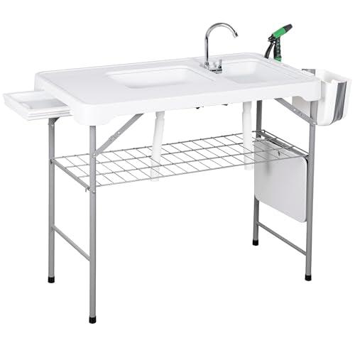 Allpop Folding Fish Cleaning Table with 2 Sinks & Grid Rack, 42.5'' Portable Camping Fish Fillet Station with Foldable Faucet, Drainage Hose, Sprayer, Storage Box, Drawer & Grooves for Picnic, White…