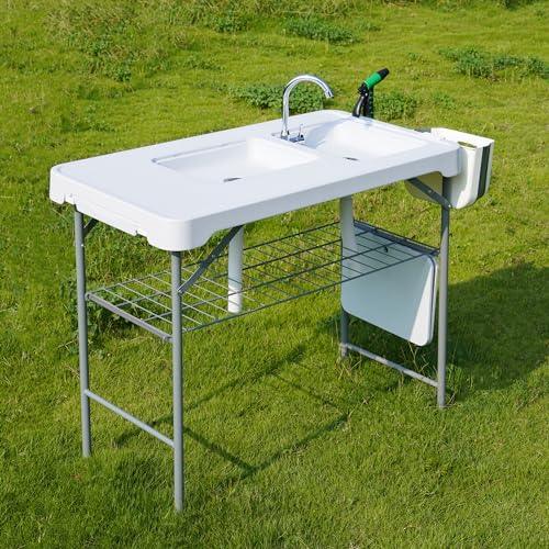 Allpop Folding Fish Cleaning Table with 2 Sinks & Grid Rack, 42.5'' Portable Camping Fish Fillet Station with Foldable Faucet, Drainage Hose, Sprayer, Storage Box, Drawer & Grooves for Picnic, White…