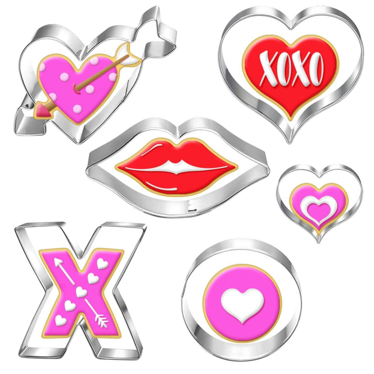 Auktosmn Valentines Cookie Cutter Set-6 Piece-Dishwasher Safe-Large Heart, Mini Heart, Lips, X, and O-Valentines Day Decor Gift