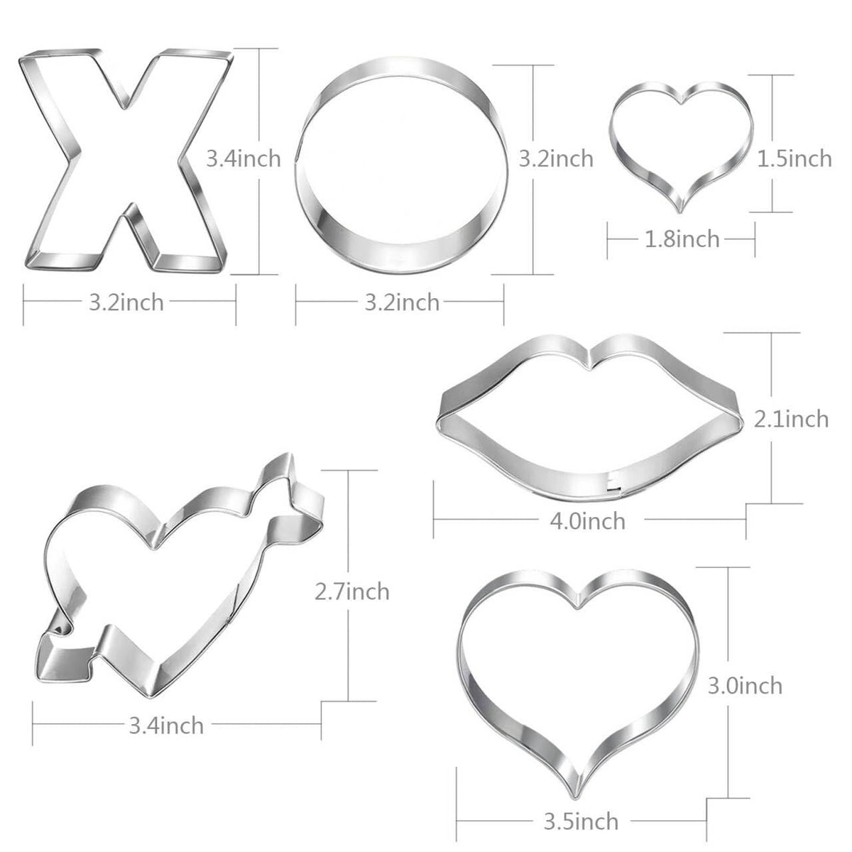 Auktosmn Valentines Cookie Cutter Set-6 Piece-Dishwasher Safe-Large Heart, Mini Heart, Lips, X, and O-Valentines Day Decor Gift