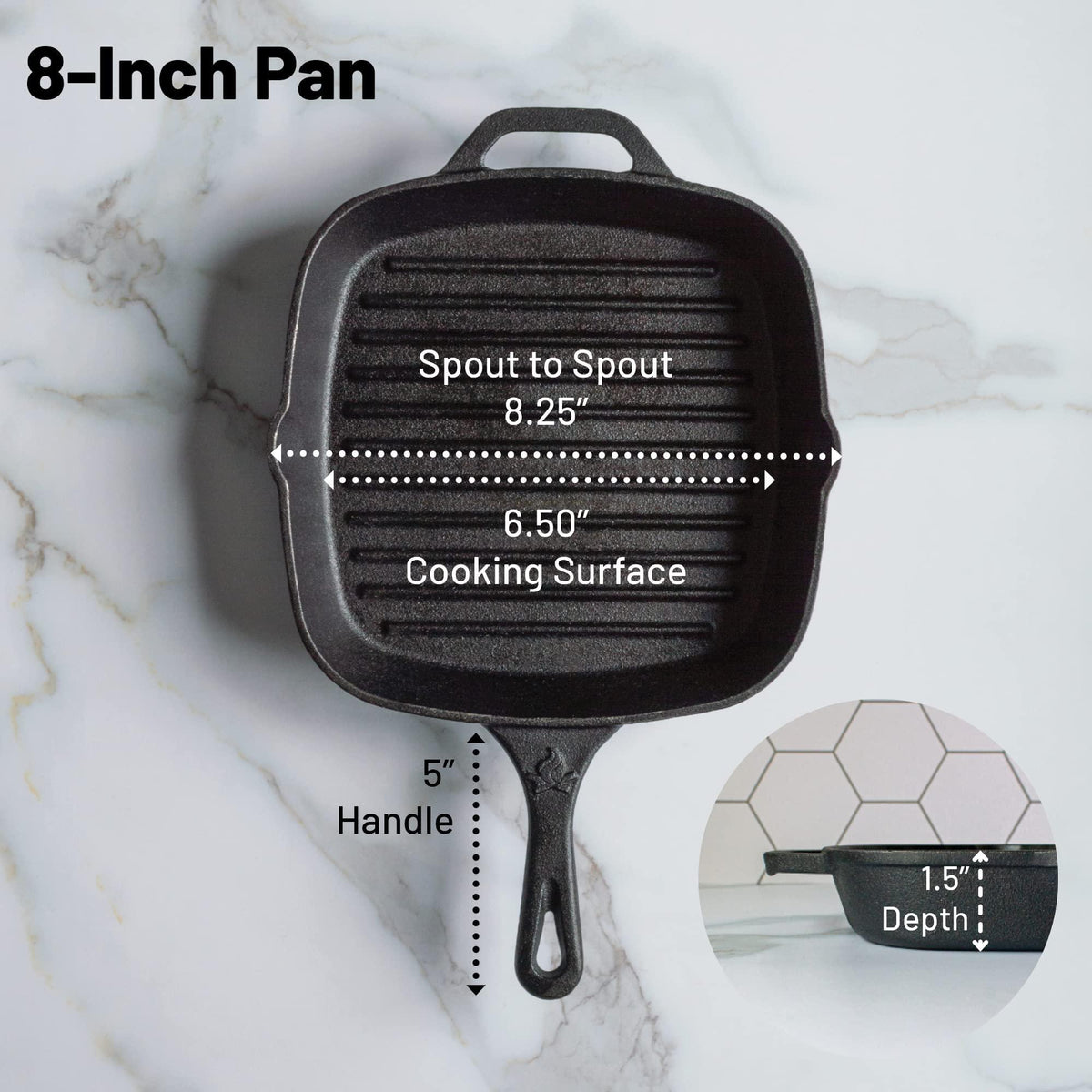 Backcountry Iron 8 Inch Square Grill Pan Medium Pre-Seasoned Cast Iron