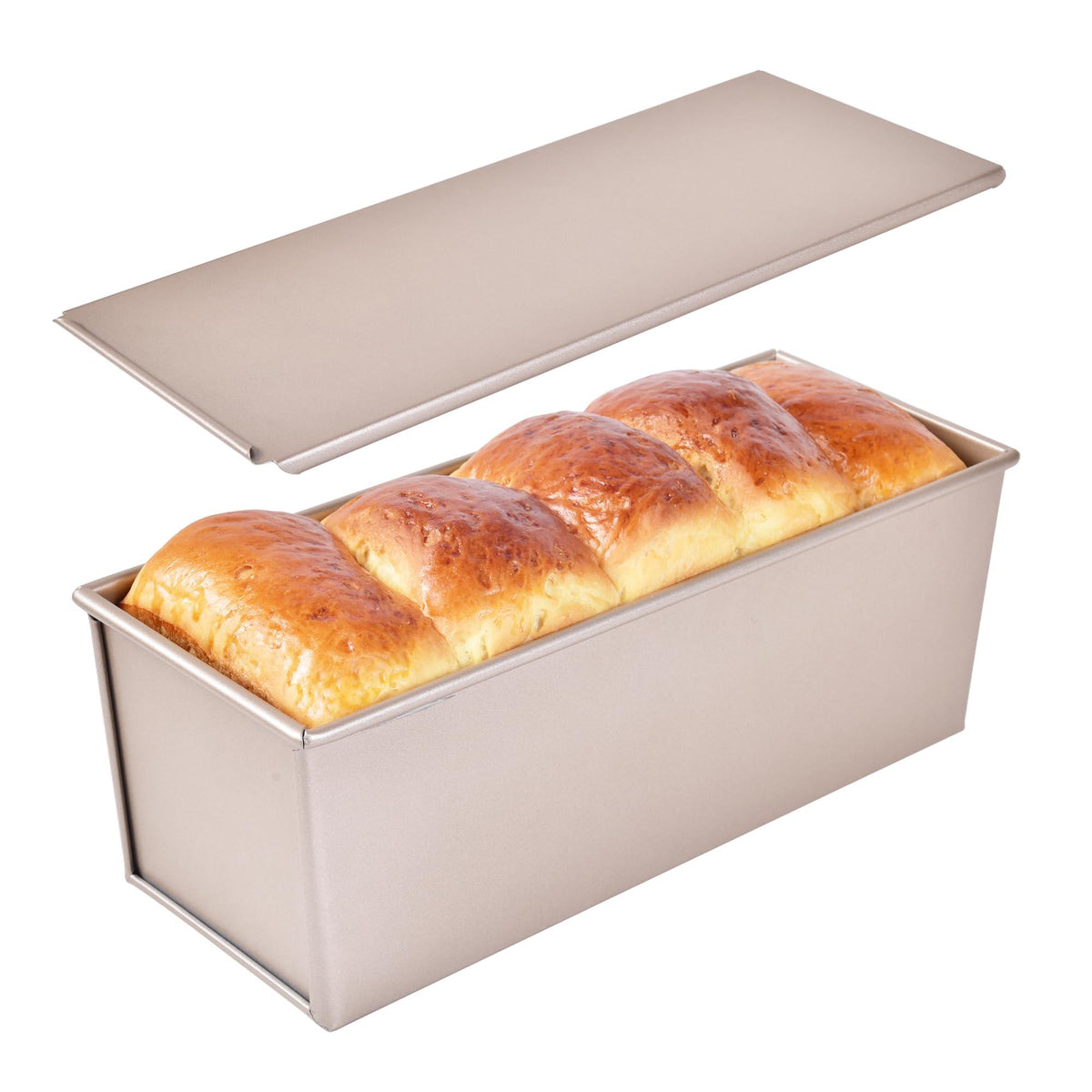 Bakeley Commercial Pullman Loaf Pan with Lid, Dough Capacity Non-stick Rectangle Flat Toast Box for Oven Baking 13.6"×5.4"×4.7"(Champagne Gold)