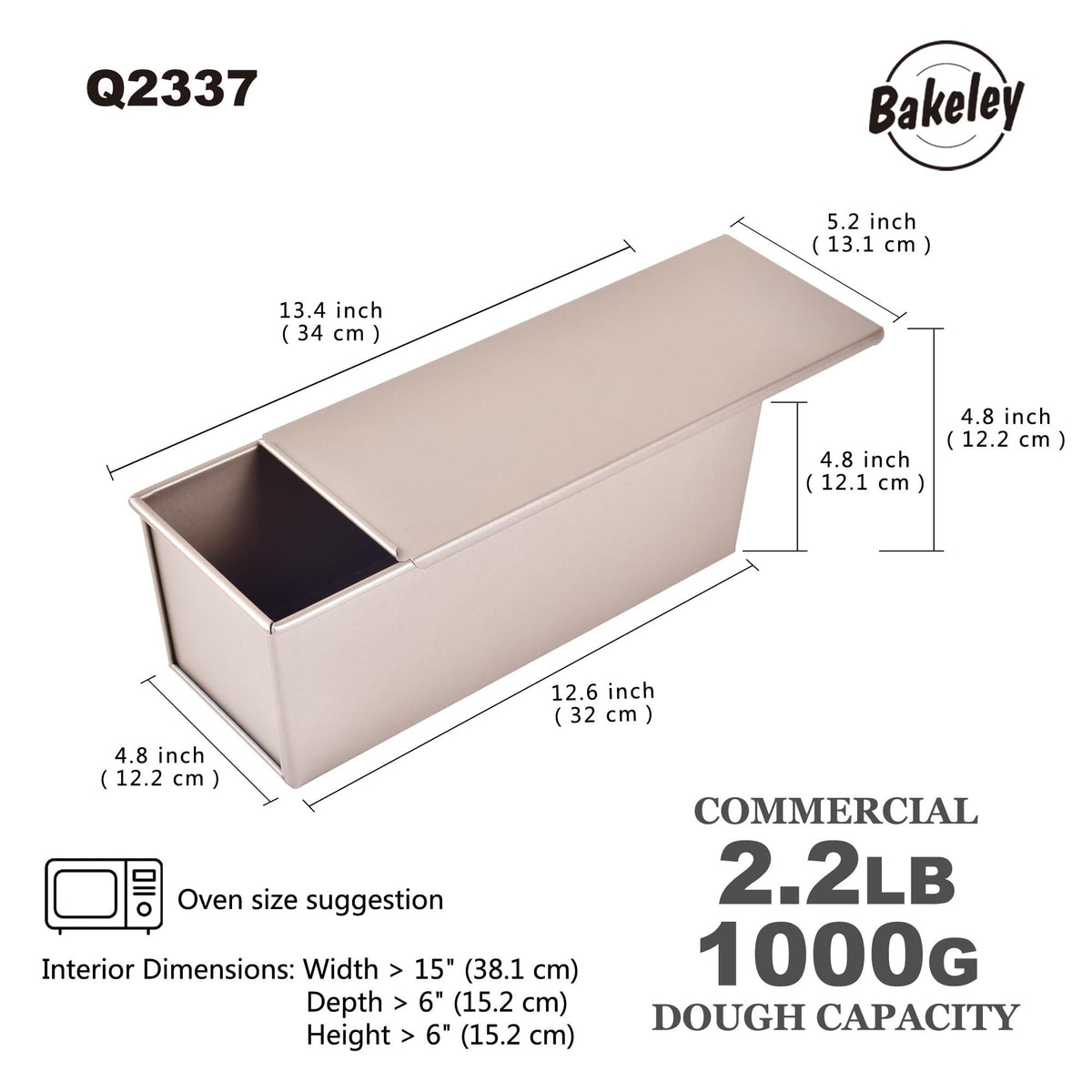 Bakeley Commercial Pullman Loaf Pan with Lid, Dough Capacity Non-stick Rectangle Flat Toast Box for Oven Baking 13.6"×5.4"×4.7"(Champagne Gold)