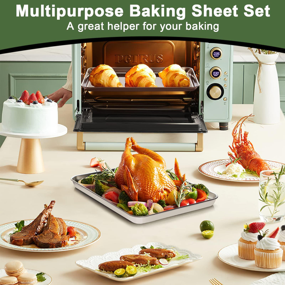 Baking Sheet Tray Cooling Rack with Silicone Mat Set, Stainless Steel Cookie Pan For Oven, Set of 9 (3 Sheets + 3 Racks Mats), Warp Resistant & Heavy Duty Easy Clean