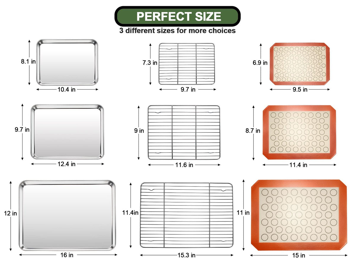 Baking Sheet Tray Cooling Rack with Silicone Mat Set, Stainless Steel Cookie Pan For Oven, Set of 9 (3 Sheets + 3 Racks Mats), Warp Resistant & Heavy Duty Easy Clean, Grey