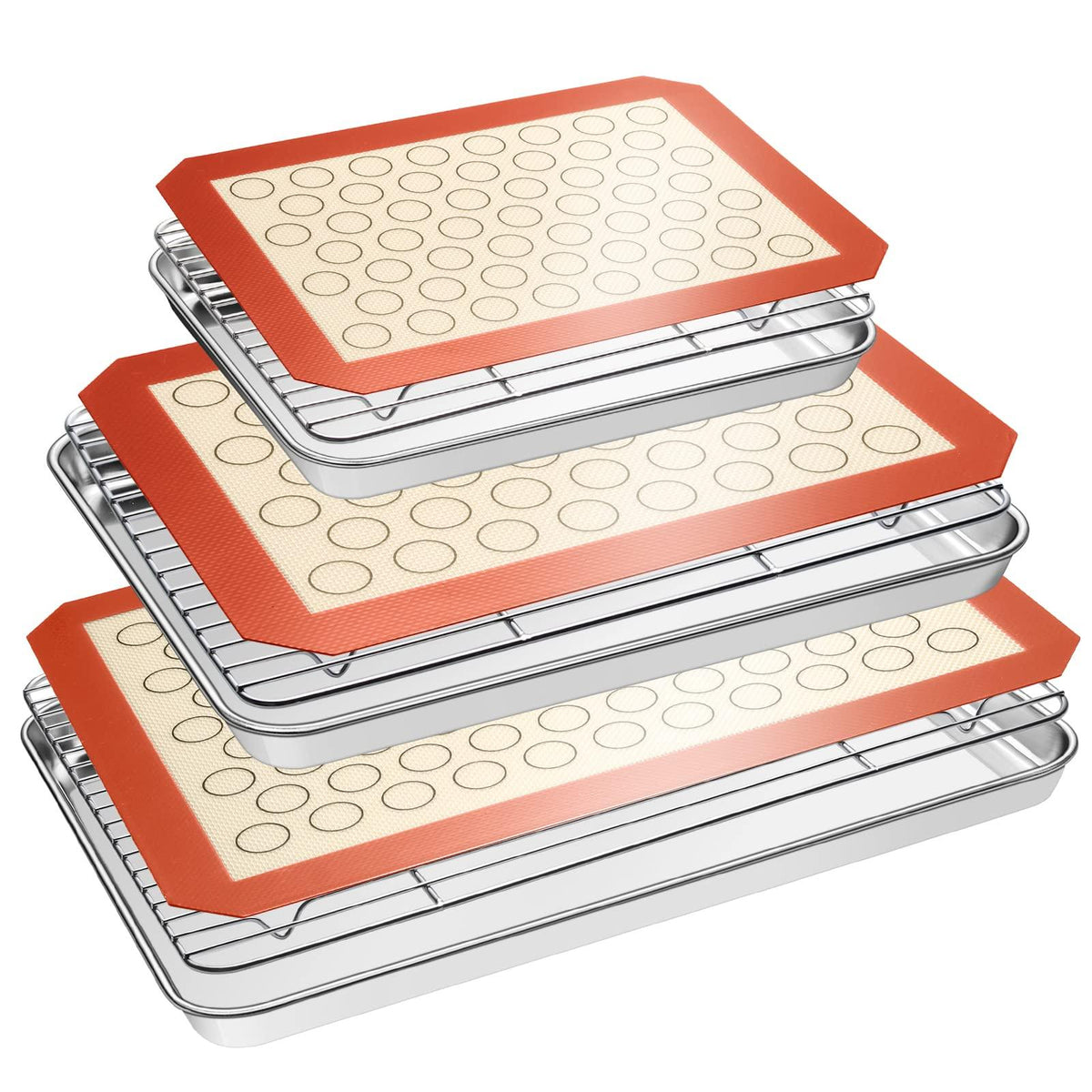 Baking Sheet Tray Cooling Rack with Silicone Mat Set, Stainless Steel Cookie Pan For Oven, Set of 9 (3 Sheets + 3 Racks Mats), Warp Resistant & Heavy Duty Easy Clean, Grey