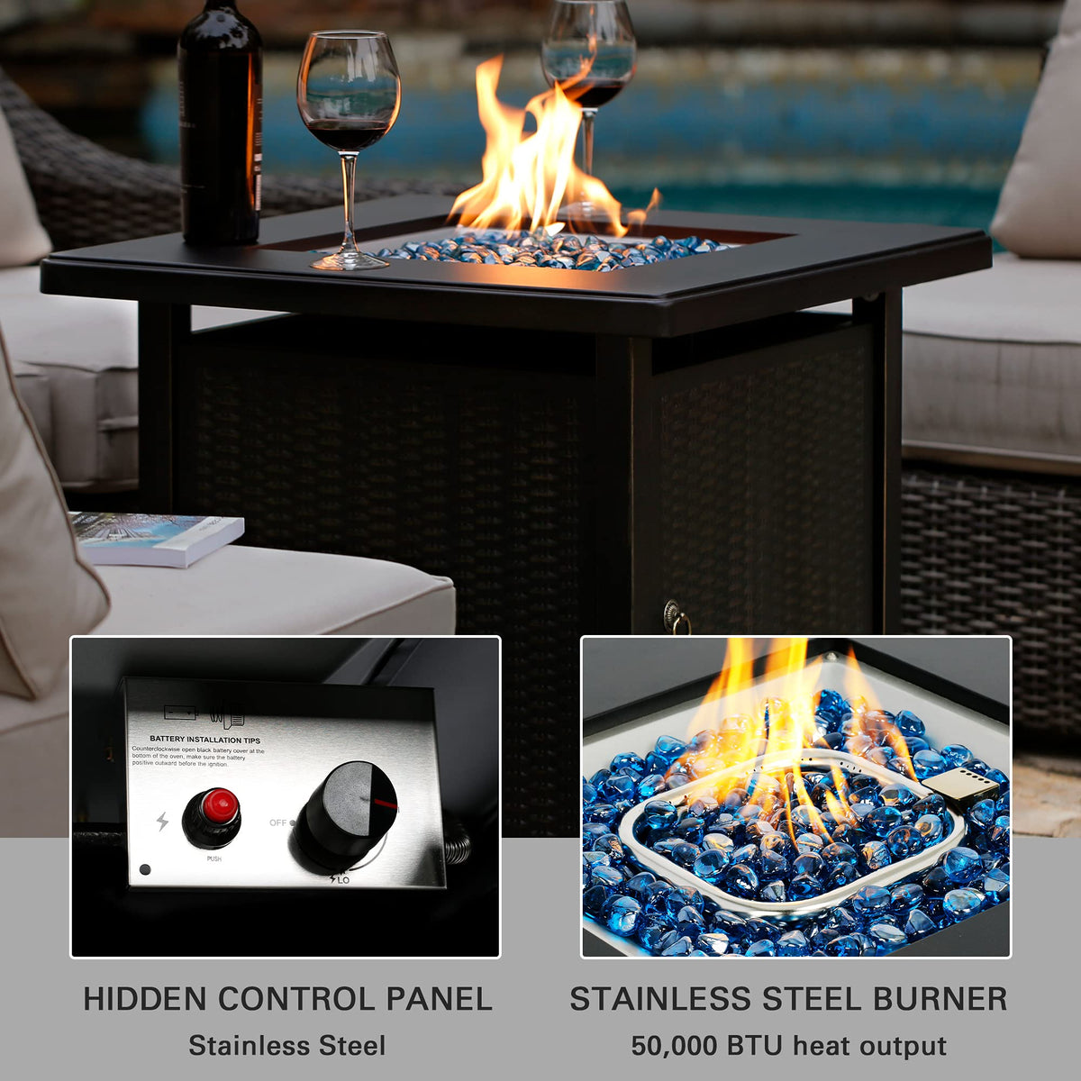 BALI OUTDOORS 50000 BTU Propane Fire Pit with Lid, 28 inch Fire Pit Table Outdoor, Black Firepits for Outside Backyard, Patio