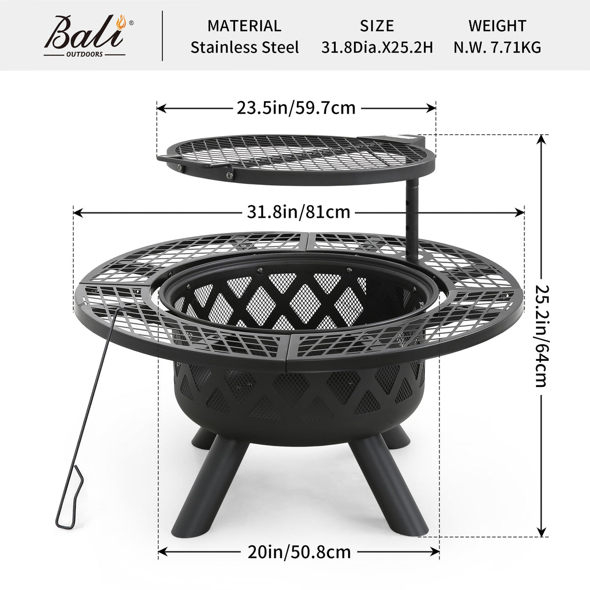 BALI OUTDOORS Fire Pit with Poker, 32 inch Outdoor Fire Pit Patio, Wood Burning Firepits for Outside with Grill