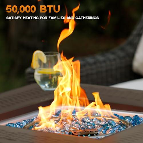 BALI OUTDOORS FirePit Propane Gas Fire Pit Table, 28Inch Square Fire Table 50,000BTU with Cover Lid & Blue Fire Glass for Outside Backyard Deck Patio