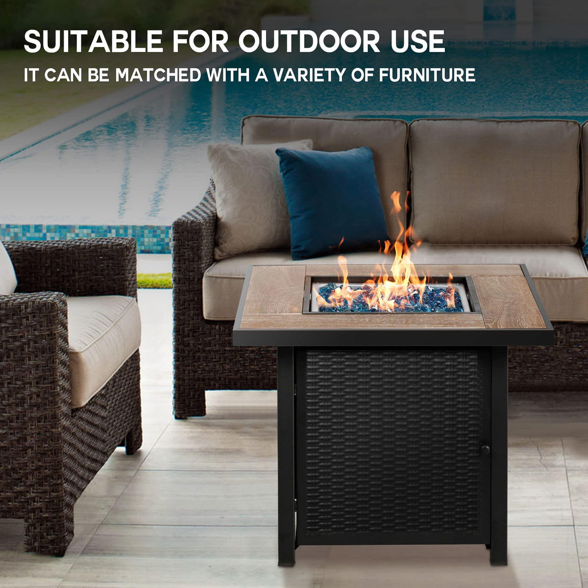 BALI OUTDOORS Propane Gas Fire Pit Table, 30 inch 50,000 BTU Square Gas Firepits with Fire Glass for Outside