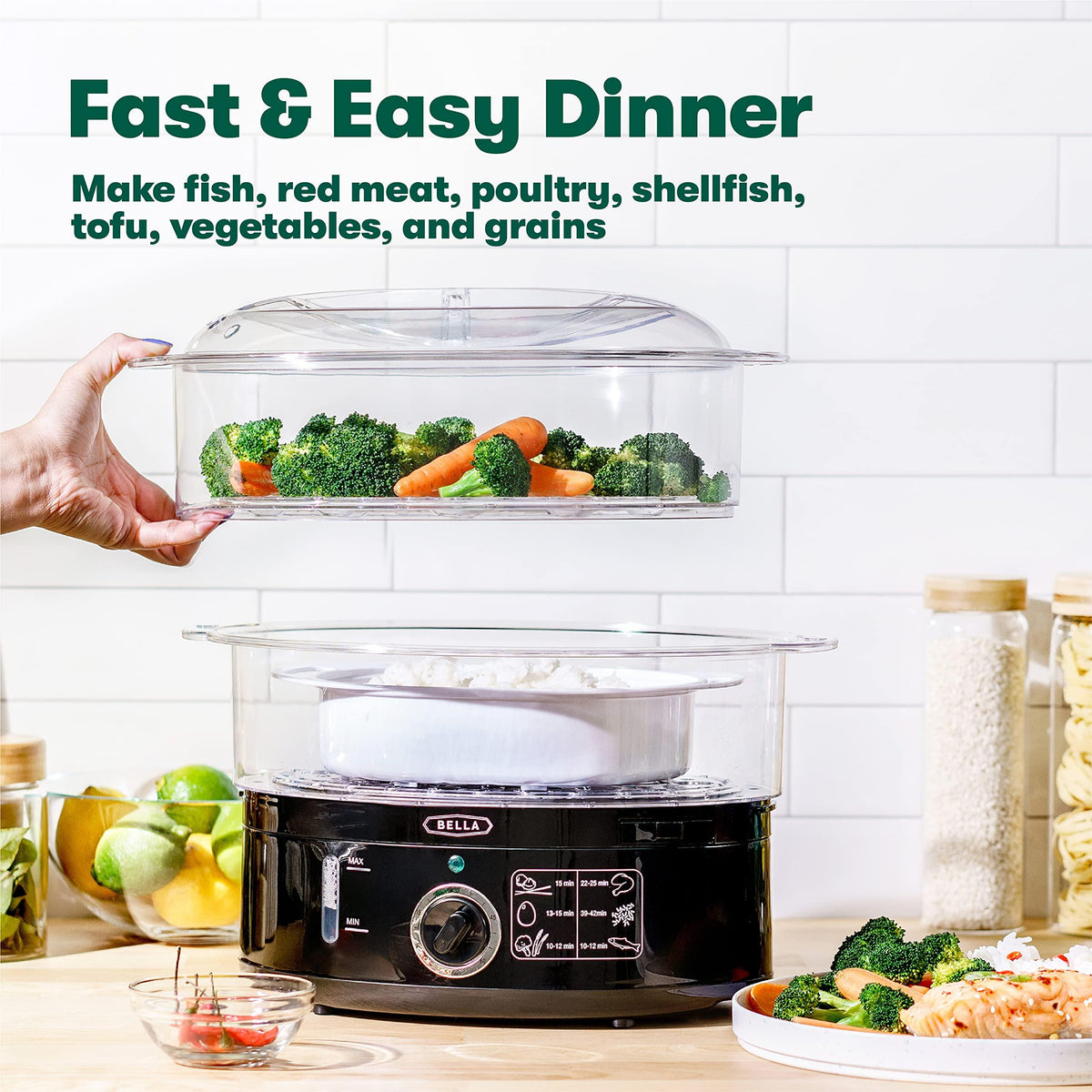 BELLA Two Tier Food Steamer with Dishwasher Safe Lids and Stackable Baskets & Removable Base for Fast Simultaneous Cooking - Auto Shutoff & Boil Dry Protection, 7.4 QT, Black