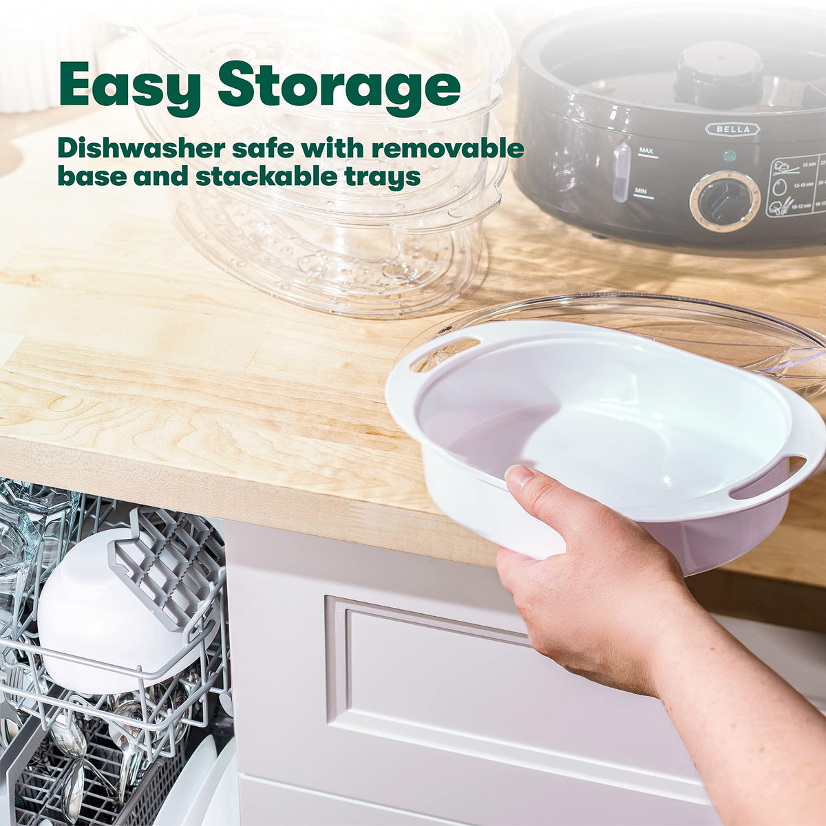 BELLA Two Tier Food Steamer with Dishwasher Safe Lids and Stackable Baskets & Removable Base for Fast Simultaneous Cooking - Auto Shutoff & Boil Dry Protection, 7.4 QT, Black