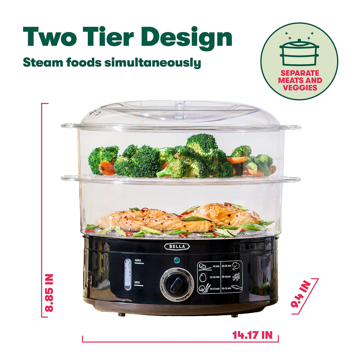 BELLA Two Tier Food Steamer with Dishwasher Safe Lids and Stackable Baskets & Removable Base for Fast Simultaneous Cooking - Auto Shutoff & Boil Dry Protection, 7.4 QT, Black