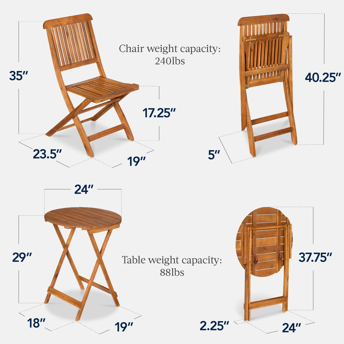 Best Choice Products 3-Piece Acacia Wood Bistro Set, Folding Patio Furniture for Backyard, Balcony, Deck w/ 2 Chairs, Round Coffee Table, Teak Finish - Natural