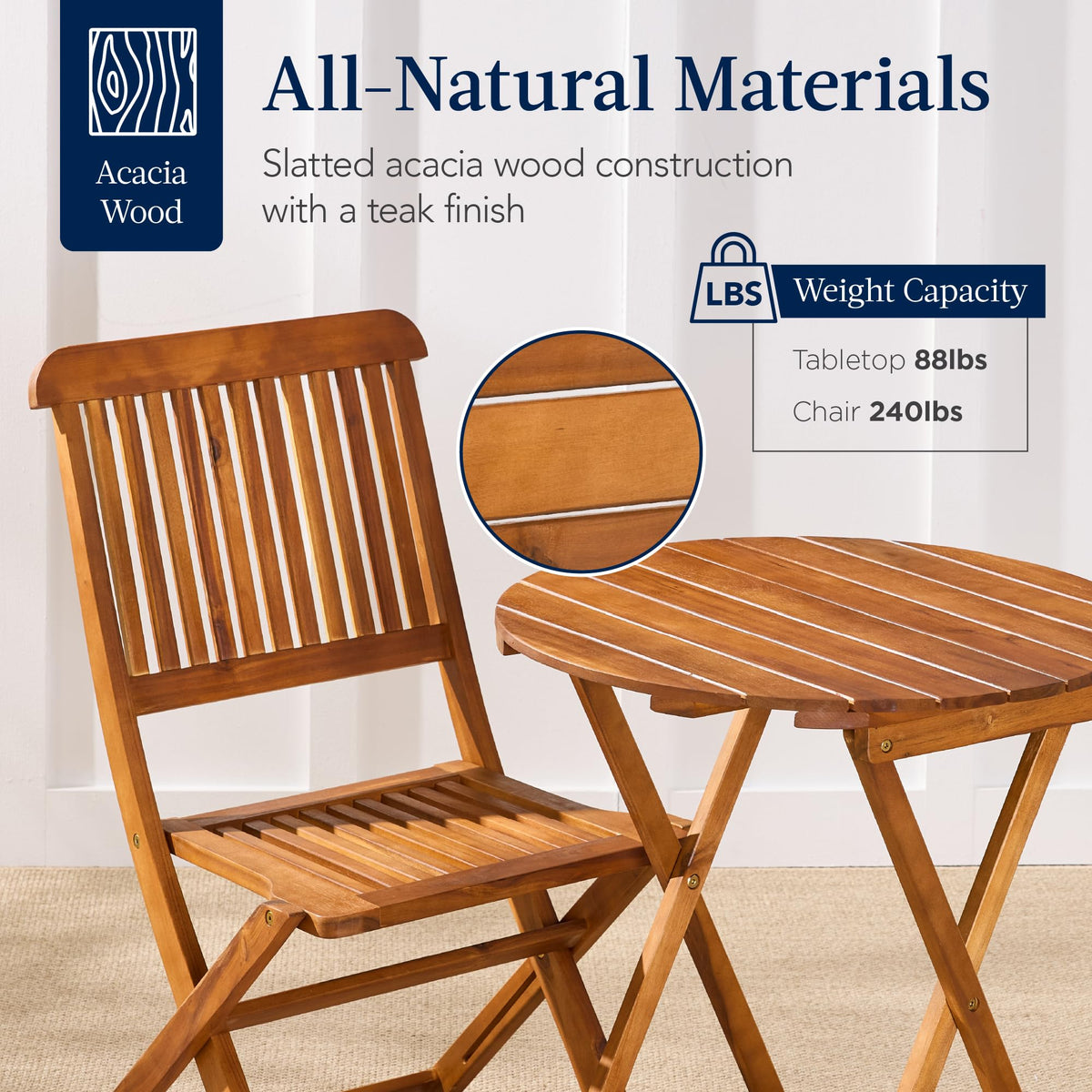 Best Choice Products 3-Piece Acacia Wood Bistro Set, Folding Patio Furniture for Backyard, Balcony, Deck w/ 2 Chairs, Round Coffee Table, Teak Finish - Natural