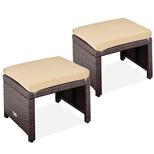 Best Choice Products Set of 2 Wicker Ottomans, Multipurpose Outdoor Furniture for Patio, Backyard, Additional Seating, Footrest, Side Table w/Removable Cushions, Steel Frame - Brown/Beige