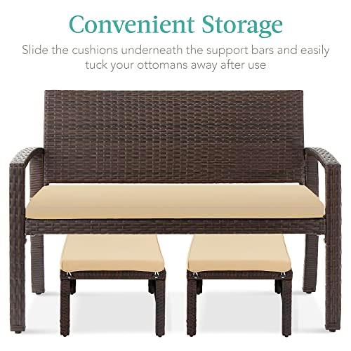 Best Choice Products Set of 2 Wicker Ottomans, Multipurpose Outdoor Furniture for Patio, Backyard, Additional Seating, Footrest, Side Table w/Removable Cushions, Steel Frame - Brown/Beige