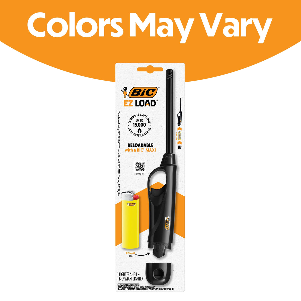 BIC EZ Load Lighter, Reloadable Multi Purpose Lighter, Great to Use Camping, Grilling and for Fireplaces, Pack with 2 EZ Load Long Shells and 2 BIC Maxi Pocket Lighters