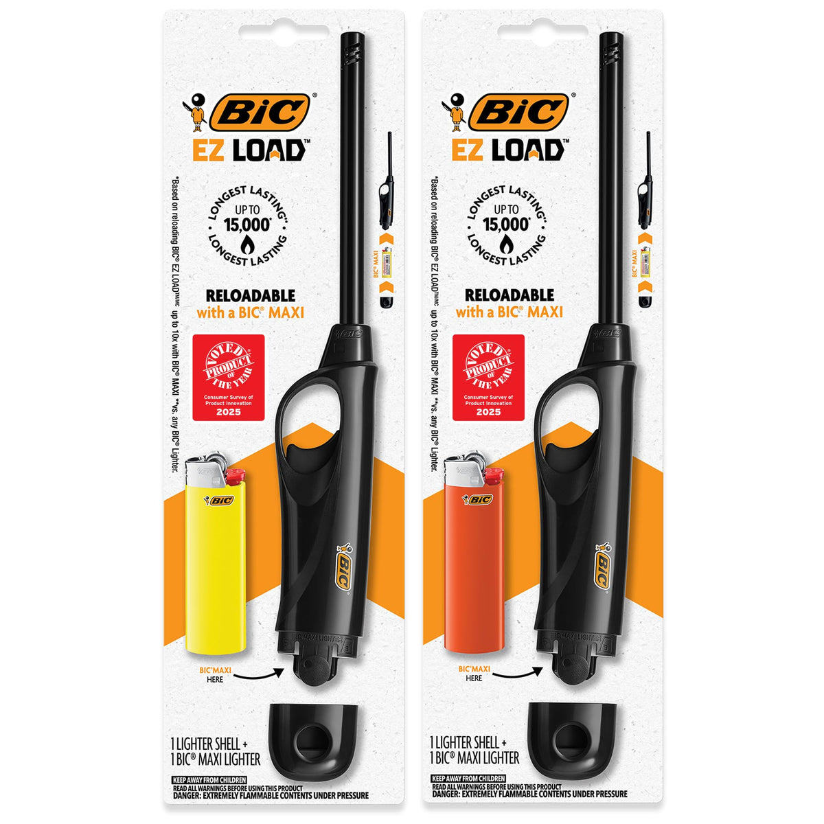 BIC EZ Load Lighter, Reloadable Multi Purpose Lighter, Great to Use Camping, Grilling and for Fireplaces, Pack with 2 EZ Load Long Shells and 2 BIC Maxi Pocket Lighters