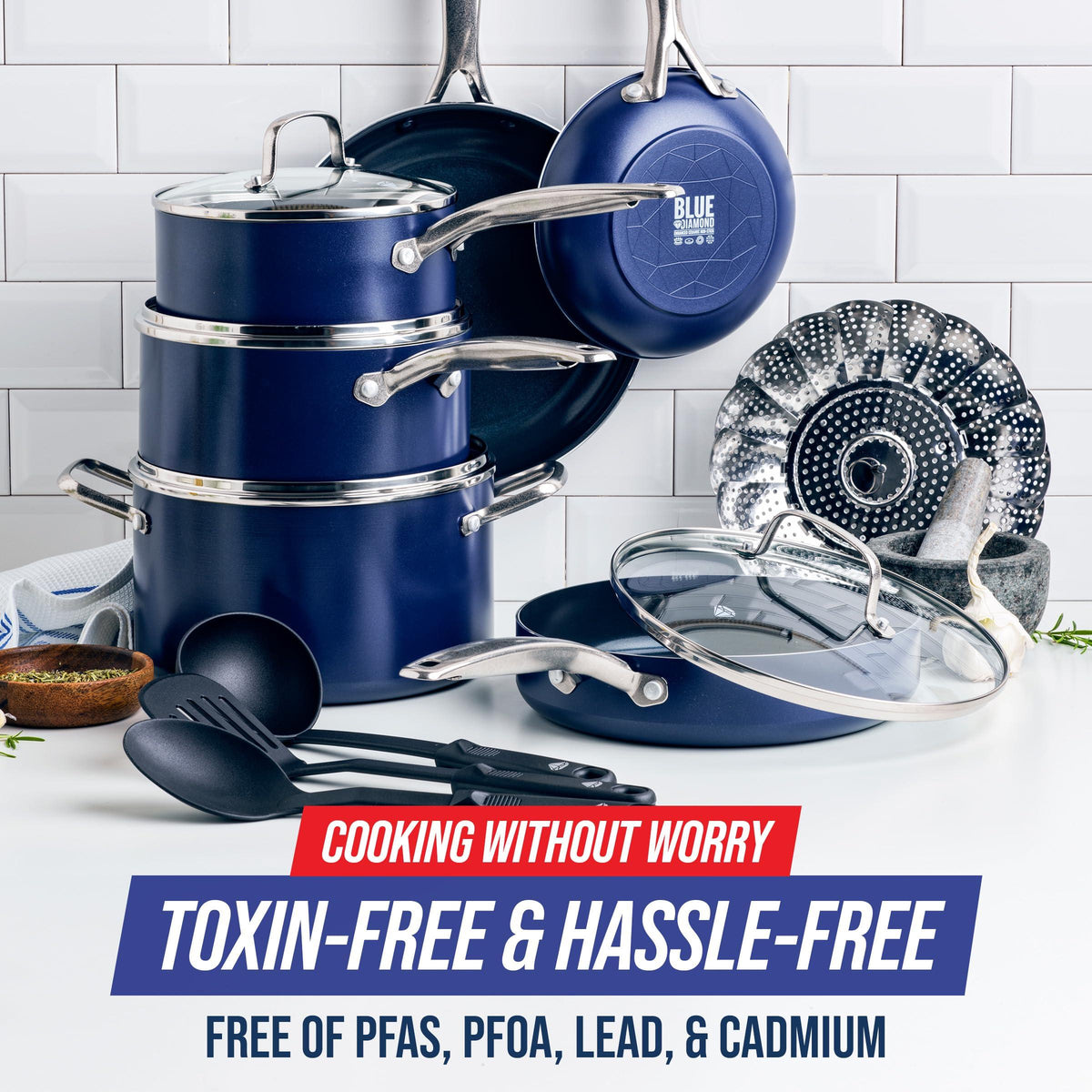 Blue Diamond Cookware Diamond Infused Ceramic Nonstick, 14 Piece Cookware Pots and Pans Set, PFAS-Free, Dishwasher Safe, Oven Safe