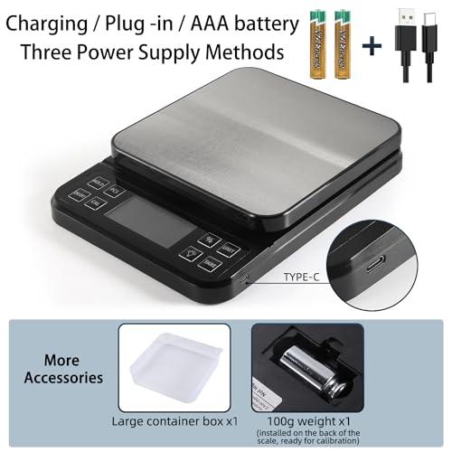 BOMATA Large Kitchen Scale with 0.1g/0.001oz High Precision, Bakery Scale with% Percentage Function, Capacity 5kg/11lbs, USB Rechargeable, Full-View Angle LCD with Backlight, Stainless Steel Pan