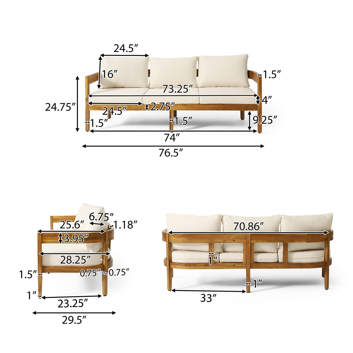 Christopher Knight Home Brooklyn Outdoor 3 Seater Sofa with Cushions - Acacia Wood - Teak/Beige