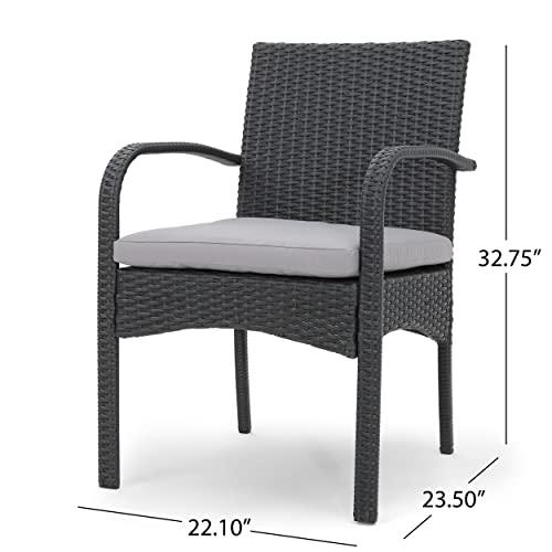 Christopher Knight Home Louise Outdoor Wicker Dining Set with Acacia Wood Table and Bench and Water Resistant Cushions, 6-Pcs Set, Sandblast Light Grey / Black Rustic Metal / Grey / Grey Cushions