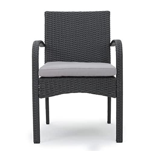 Christopher Knight Home Louise Outdoor Wicker Dining Set with Acacia Wood Table and Bench and Water Resistant Cushions, 6-Pcs Set, Sandblast Light Grey / Black Rustic Metal / Grey / Grey Cushions