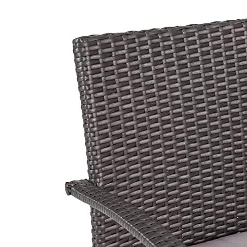 Christopher Knight Home Louise Outdoor Wicker Dining Set with Acacia Wood Table and Bench and Water Resistant Cushions, 6-Pcs Set, Sandblast Light Grey / Black Rustic Metal / Grey / Grey Cushions