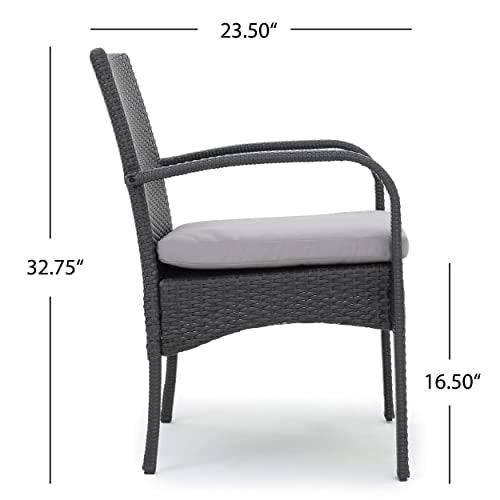 Christopher Knight Home Louise Outdoor Wicker Dining Set with Acacia Wood Table and Bench and Water Resistant Cushions, 6-Pcs Set, Sandblast Light Grey / Black Rustic Metal / Grey / Grey Cushions