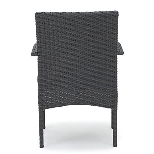 Christopher Knight Home Louise Outdoor Wicker Dining Set with Acacia Wood Table and Bench and Water Resistant Cushions, 6-Pcs Set, Sandblast Light Grey / Black Rustic Metal / Grey / Grey Cushions