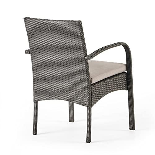 Christopher Knight Home Louise Outdoor Wicker Dining Set with Acacia Wood Table and Bench and Water Resistant Cushions, 6-Pcs Set, Sandblast Light Grey / Black Rustic Metal / Grey / Grey Cushions