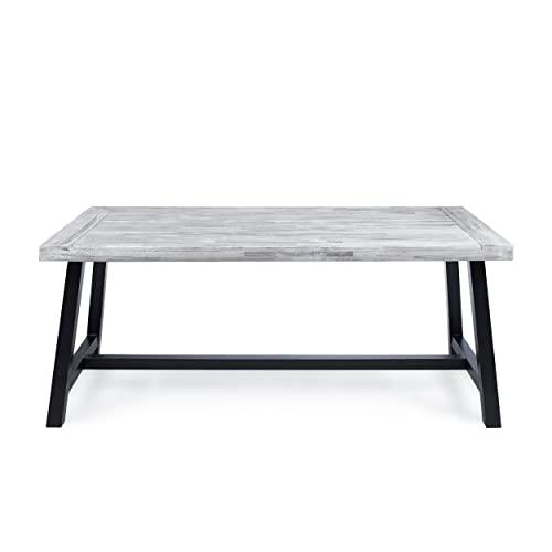 Christopher Knight Home Louise Outdoor Wicker Dining Set with Acacia Wood Table and Bench and Water Resistant Cushions, 6-Pcs Set, Sandblast Light Grey / Black Rustic Metal / Grey / Grey Cushions