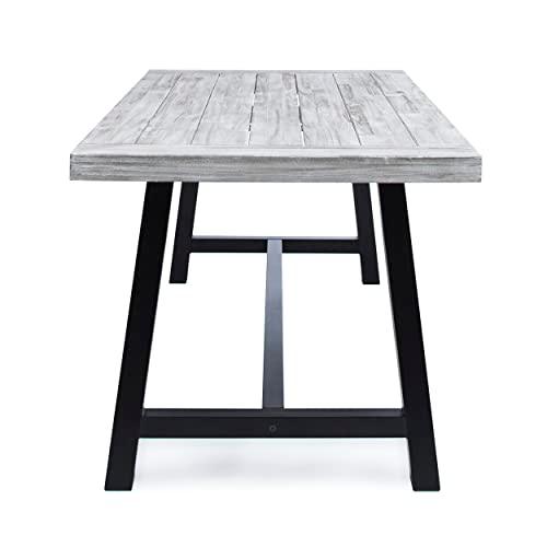 Christopher Knight Home Louise Outdoor Wicker Dining Set with Acacia Wood Table and Bench and Water Resistant Cushions, 6-Pcs Set, Sandblast Light Grey / Black Rustic Metal / Grey / Grey Cushions