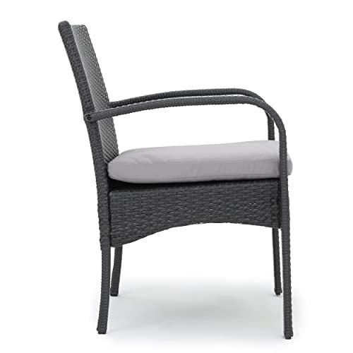 Christopher Knight Home Louise Outdoor Wicker Dining Set with Acacia Wood Table and Bench and Water Resistant Cushions, 6-Pcs Set, Sandblast Light Grey / Black Rustic Metal / Grey / Grey Cushions