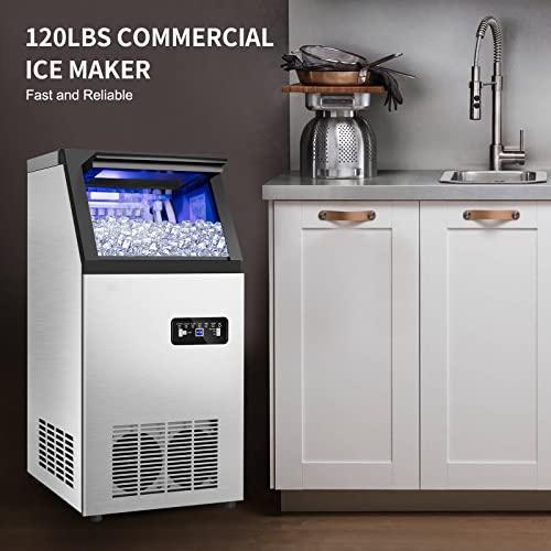 Commercial Ice Maker Machine 120Lbs/24H with 35Lbs Ice Capacity, 45Pcs Clear Ice Cubes Ready in 11-20Mins, Stainless Steel Under Counter Freestanding Large Ice Machine, 2 Water Inlet Modes