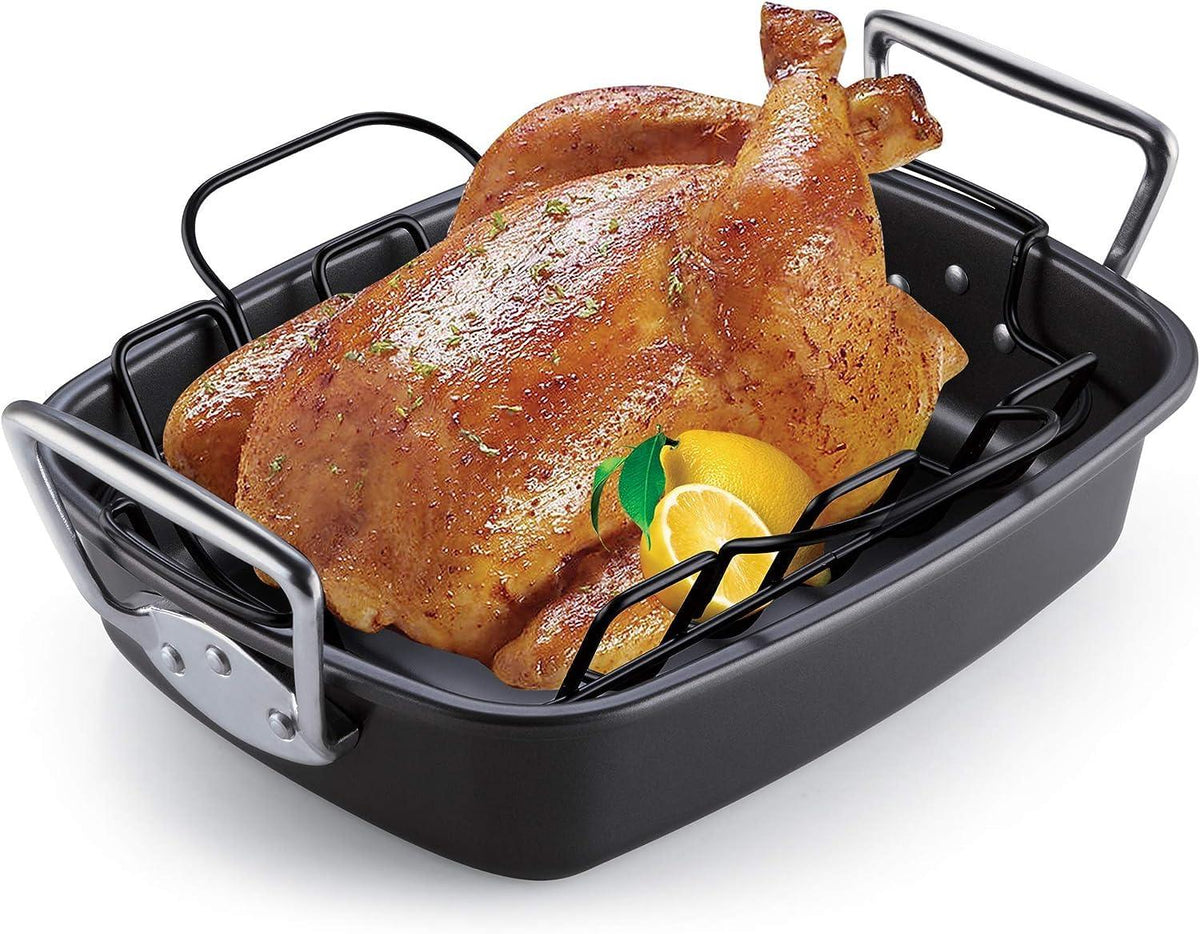 Cook N Home Nonstick Roasting Pan Bakeware Roaster with Rack, 17x13-inches, Black