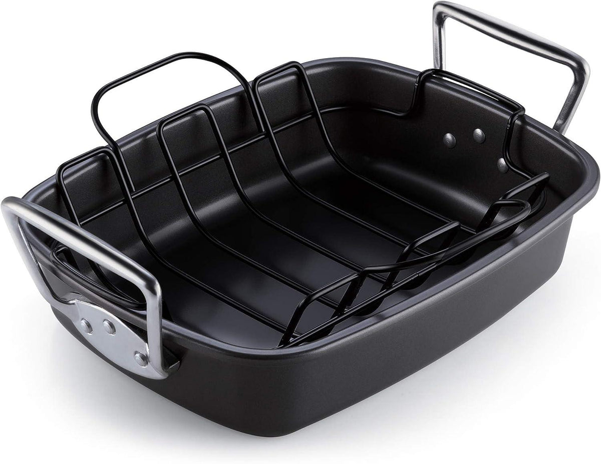 Cook N Home Nonstick Roasting Pan Bakeware Roaster with Rack, 17x13-inches, Black