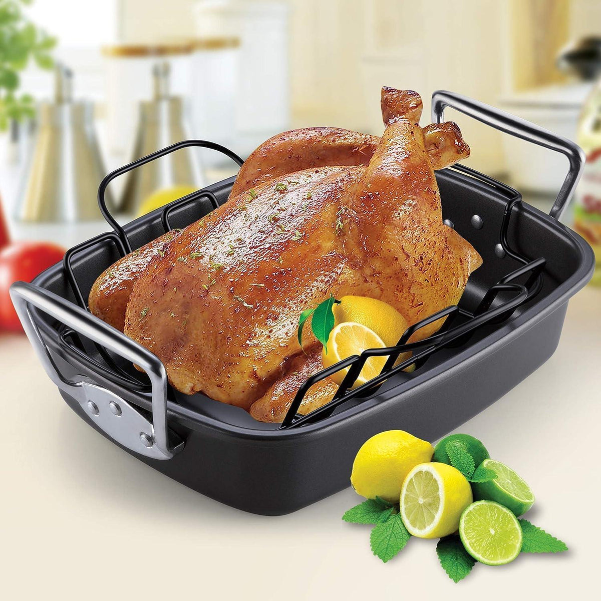 Cook N Home Nonstick Roasting Pan Bakeware Roaster with Rack, 17x13-inches, Black