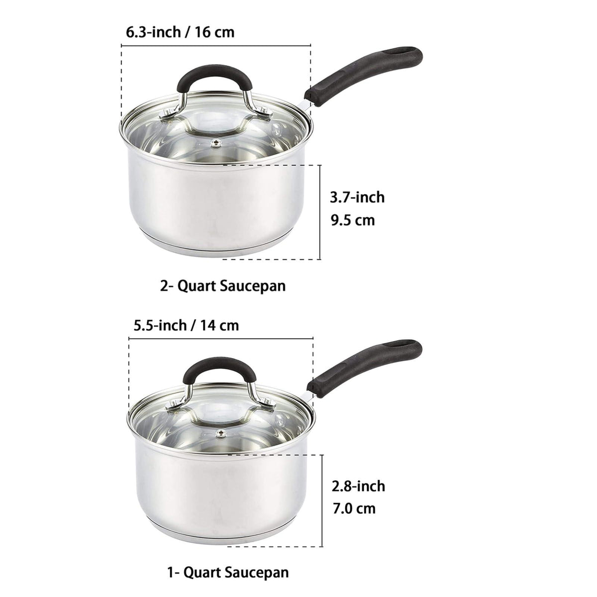 Cook N Home Professional Saucepan, 1-QT and 2-QT, Silver