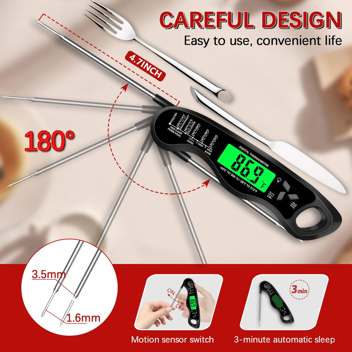 Cooking Thermometer,IP67 Waterproof Digital Meat Thermometer with Backlight, Calibration & Hold Function，Food Thermometer for Cooking,Outdoor Grilling,Candy Making