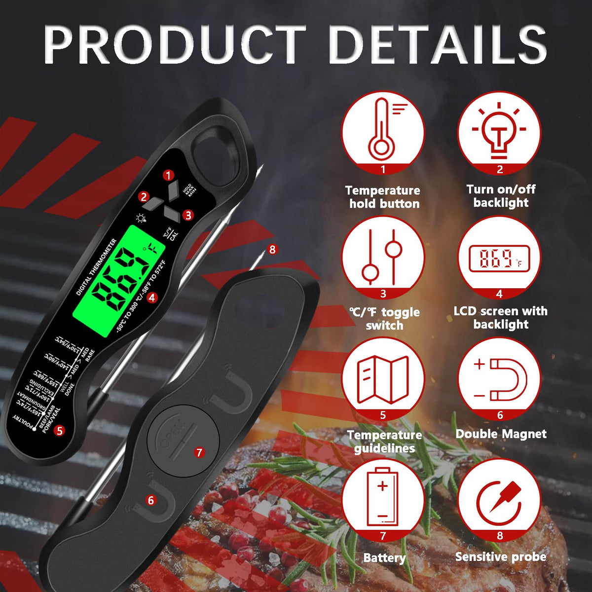 Cooking Thermometer,IP67 Waterproof Digital Meat Thermometer with Backlight, Calibration & Hold Function，Food Thermometer for Cooking,Outdoor Grilling,Candy Making