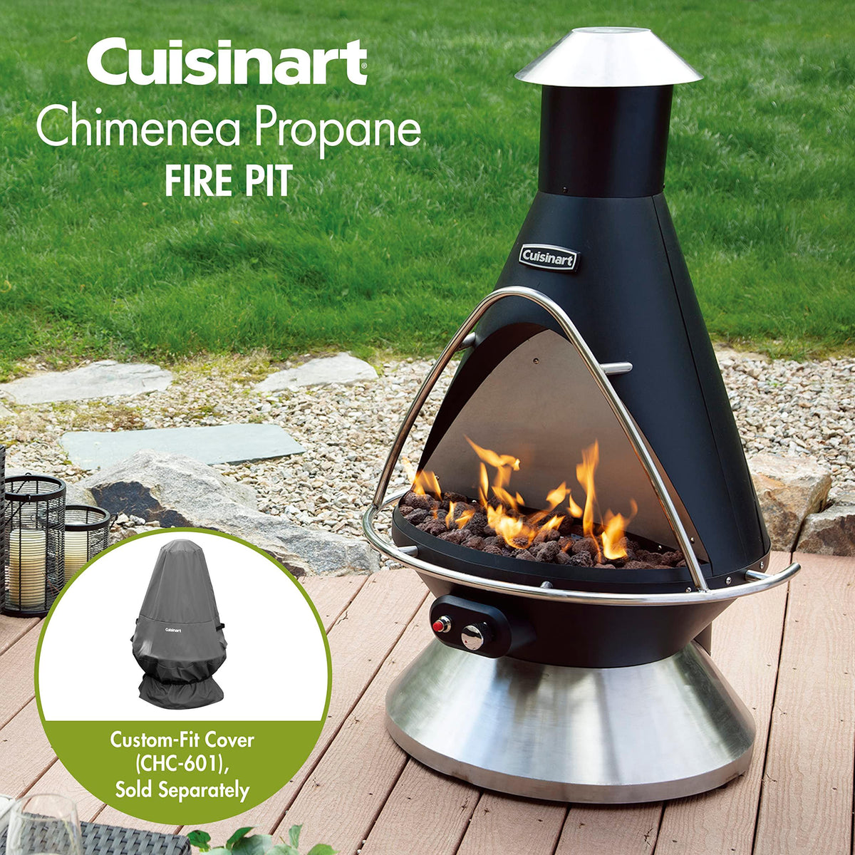 Cuisinart COH-600 Chimenea Propane Fire Pit, Patio Heater with Tip-Over Safety Switch, 8 lbs. Lava Rocks Included, 31" x 31" x 48"