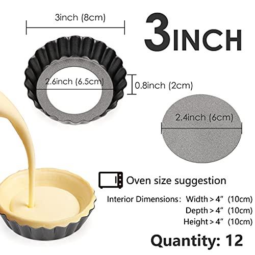 Cyimi 12 pcs Egg Tart Molds, 3" Mini Tart Pans Removable Bottom, Cupcake Cake Muffin Mold Tin Pan Baking Tool, Reusable Quiche Bakeware Carbon Steel for Pies, Quiche, Cheese Cakes, Desserts
