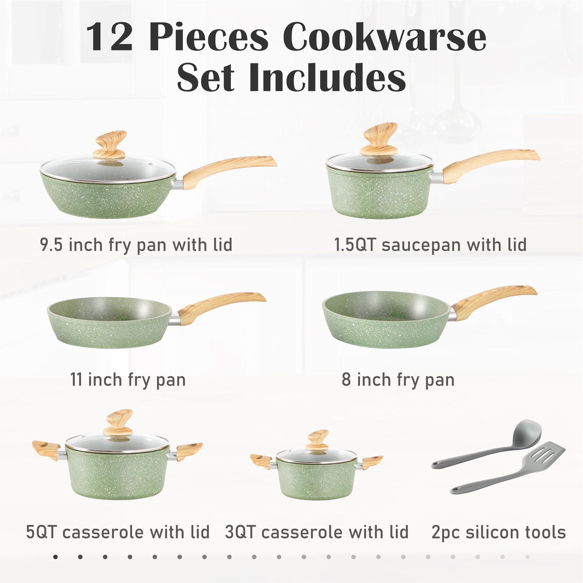DishDelight Induction Nonstick Pots and Pans Set, 12 Piece Kitchen Cookware Sets, Nonstick Granite Frying Pan Set, Green