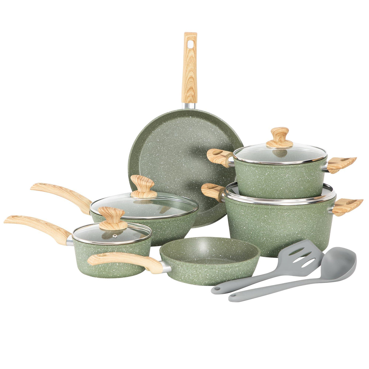 DishDelight Induction Nonstick Pots and Pans Set, 12 Piece Kitchen Cookware Sets, Nonstick Granite Frying Pan Set, Green