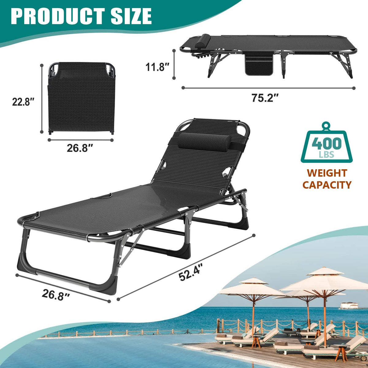 DoCred Folding Lounge Chair with Mattress, 4 Position Adjustable Folding Sleeping Bed Cot Chaise Lounge Chairs Perfect for Sunbathing, Camping, Pool, Beach, Patio