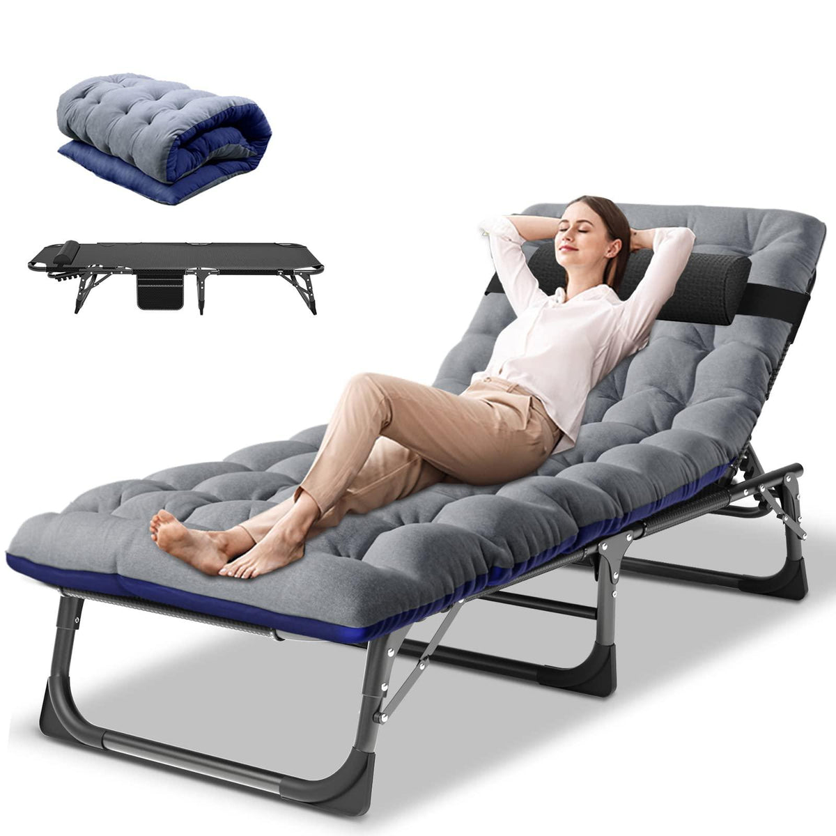 DoCred Folding Lounge Chair with Mattress, 4 Position Adjustable Folding Sleeping Bed Cot Chaise Lounge Chairs Perfect for Sunbathing, Camping, Pool, Beach, Patio