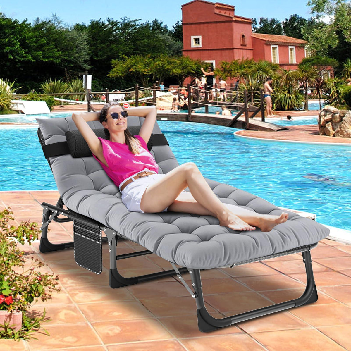 DoCred Folding Lounge Chair with Mattress, 4 Position Adjustable Folding Sleeping Bed Cot Chaise Lounge Chairs Perfect for Sunbathing, Camping, Pool, Beach, Patio