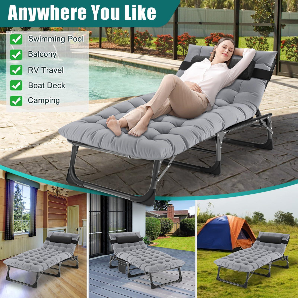 DoCred Folding Lounge Chair with Mattress, 4 Position Adjustable Folding Sleeping Bed Cot Chaise Lounge Chairs Perfect for Sunbathing, Camping, Pool, Beach, Patio